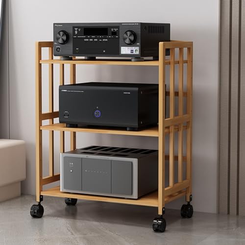 3-stöckiges Bambus-HiFi-Regal mit Rädern, höhenverstellbarer Audio-Ständer für Wohnzimmer & Theater, Verstärkerregal, vertikaler Eck-Medienschrank (L-70 cm) von Generisch