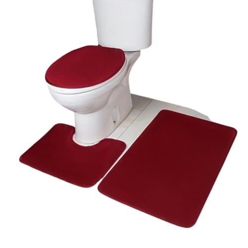 3-teiliges WC-Set, einfarbig, einfach, saugfähig, Badezimmerteppich-Set, Burgunderrot, Weinrot von Generisch