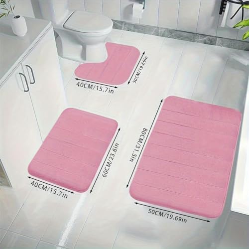 3-teiliges erweitertes Badematten-Set aus Memory-Schaum – strapazierfähiger, rutschfester WC-Vorleger mit U-förmiger Matte und WC-Deckelbezug, Rosa von Generisch