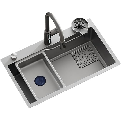 304 Edelstahl Große Drop-In Einzelbecken Küchenspüle mit tischgesteuertem Abtropfgestell, Waschbecken-in-Becken, Tassenspüler und Überlaufvorrichtung – 80 x 45 x 22 cm (60 x 45 x 22 cm) von Generisch