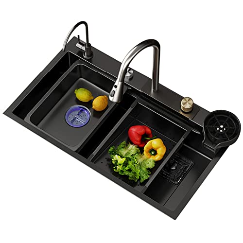 304 Edelstahl schwarz Einzelbecken Küchenspüle Multifunktionale Cascade Bar Spüle für Wohnmobile mit herausziehbarem Wasserhahn und Tassenwascher Unterbau oder Drop In Installation von Generisch