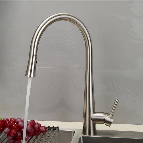 360° drehbare Küchenarmatur mit Ausziehbrause – Vollkupfer Wasserhahn mit 60 cm Schlauch, zwei Strahlarten, Antispritzfunktion, für Spüle und Waschbecken (Gebürstetes Silber) von Generisch