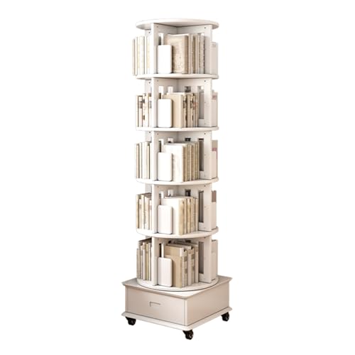 360° drehbares Bücherregal mit Rollen und Schubladen, 6-stöckiges Holzeck-Bücherregal für kleine Räume, Schlafzimmer, Aufbewahrungsregal, Weiß (47,5 x 47,5 x 184,9 cm) von Generisch