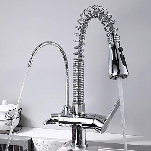 360° schwenkbarer 3-Wege-Küchenarmatur mit herausziehbarem Sprühkopf, verchromtes Messing, Trinkwasserhahn, Wasserfilter, kompatibel mit moderner Küchenspüle von Generisch