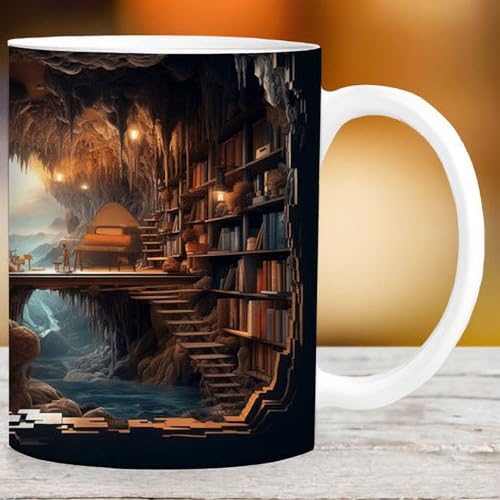 3D Bookshelf Mug, 350ml 3D-Bücherregal-Tasse, 3D Effect Books Mugs, 3D-Effekt-Bücherbecher, Keramik Buch Bedruckte Tasse, Kreativem Bibliotheks-Bücherregal-Tasse (E) von Generisch