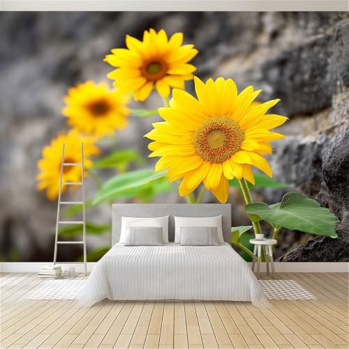 3D Effekt Panorama Fototapete, 400 x 280 cm (B x H) Art Wandbild Tapeten Gelb Wandtapete - Natur Blumen Steinmauer Sonnenblumen Vliestapete Mustertapete für Wohnzimmer Schlafzimmer Büro von Generisch