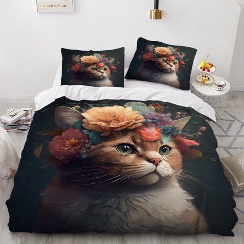 3D Katze Bettwäsche 135x200 cm 2teilig Blumen Bettbezug mit Reißverschluss 100% Mikrofaser Leicht Atmungsaktive Bettwaren Set mit Kissenbezüge 80x80（Muster 2-3） von Generisch
