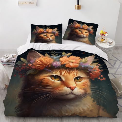 3D Katze Bettwäsche 135x200 cm 2teilig Blumen Bettbezug mit Reißverschluss 100% Mikrofaser Leicht Atmungsaktive Bettwaren Set mit Kissenbezüge 80x80（Muster 3-19） von Generisch