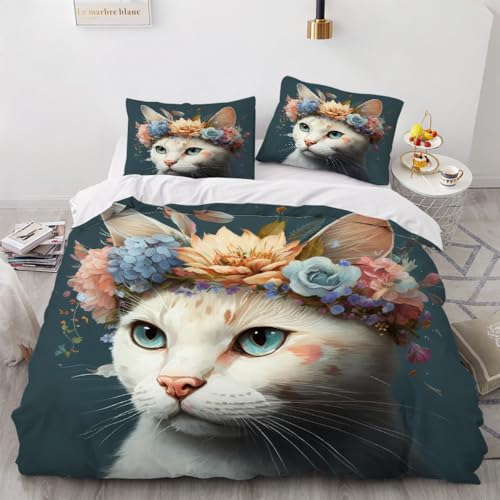 3D Katze Bettwäsche 135x200x2 cm 4teilig Blumen Bettbezug mit Reißverschluss 100% Mikrofaser Leicht Atmungsaktive Bettwaren Set mit 2 Kissenbezüge 80x80（Muster 2-7） von Generisch