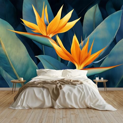 3D Panorama Tapete 350 x 256 cm (B x H), Wohnzimmer Schlafzimmer Blaugrün UV-beständige Vliestapete für die Wand - Zart Realistisch Blumen Blätter Mustertapete von Generisch