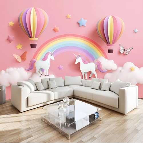 3D Reliefs Regenbogen Heißluftballon Einhorn Fototapete 400 x 280 cm Vlies Motivtapeten Moderne Wandtapete Wohnzimmer Schlafzimmer Study Wohnzimmer Restaurant Cafe Wand Dekoration, Pink von Generisch