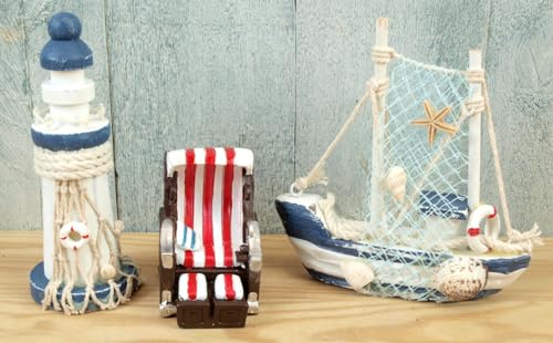 3tlg. Deko Set Leuchtturm, Boot und Mini Strandkorb r/w Maritime Dekoration Holz Polystone Badezimmerdeko (CP) von Generisch