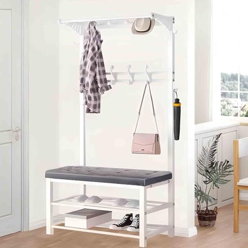 4 in 1 Eingangsbereich Flur Baum Eingang Lagerregal Freistehend Garderobenbaum Metall Garderobenständer Rack Multifunktionaler Schuhhocker Weiche Tasche Lagerregal Schuhregal Garderobenständer mit von Generisch