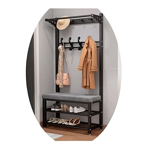 4 in 1 Eingangsgarderobe mit Schuhbank Industrie Flur Baum mit Ablageregal Metallrahmen Garderobenständer mit Haken Einfache Montage Schwarz Grau 60x33x172cm von Generisch