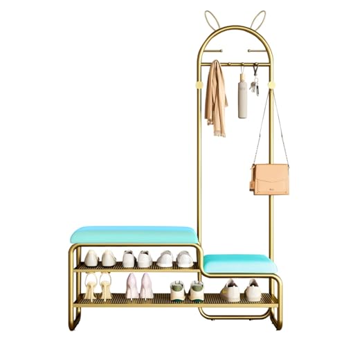 4-in-1 Flurbaum mit Bank & Schuhaufbewahrung, hellblaue Metallgarderobe mit gepolsterter Sitzfläche, 2-stöckiges Regal und 6 Haken für Eingangsbereich, Wohnzimmer, Schlafzimmer (80 cm) von Generisch