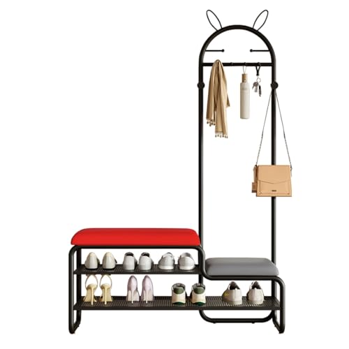 4-in-1 Flurbaum mit Schuhaufbewahrungsbank, Garderobenständer & 6 Metallhaken, niedliche Seitenbank mit gepolstertem Kissen & Regalen, ideal für Flur, Schlammzimmer, Schlafzimmer (Rot, 80 cm) von Generisch