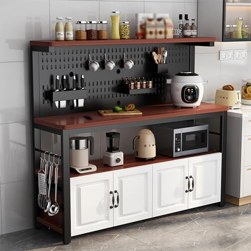 4-stöckiges Küchenregal mit 4 Türen, industrieller Mikrowellenofenständer, große Arbeitsplatte, Kaffeebartisch, DIY-Design, Braun/Schwarz/Weiß (140 x 50 x 140 cm) von Generisch