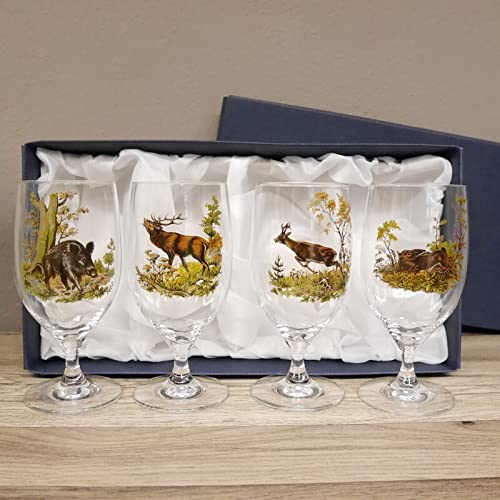 4 teiliges Bier Pils Gläser Set Glas mit farbigen Jagd Dekor Motiv im Geschenk Karton von Generisch