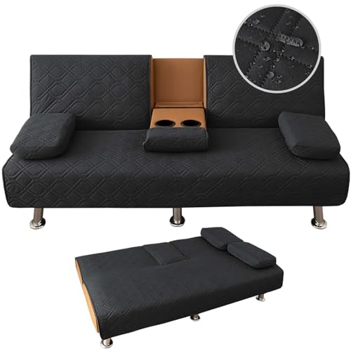4-teiliges wasserdichtes Schlafsofa-Bezug-Set – gesteppter 3-Sitzer-Futonbezug mit 2 abnehmbaren Armlehnen & Getränkehalter – strapazierfähiger schwarzer Schlafcouchschutz (2 Sets) von Generisch