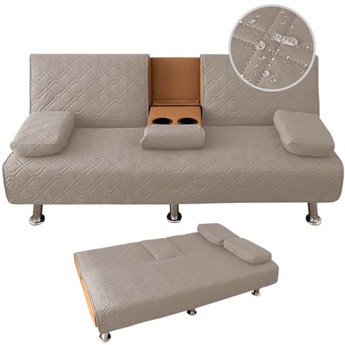 4-teiliges wasserdichtes Sofa-Bettbezug-Set, gesteppter 3-Sitzer-Futonbezug mit 2 abnehmbaren Armlehnenbezügen und 1 Getränkehalter-Bezug – Taupe, perfekt für wandelbare Klappsofas von Generisch
