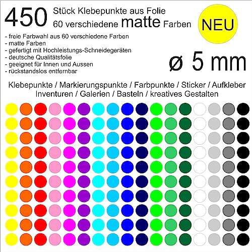 450 Stück Klebepunkte aus Folie matt rund 5mm wetterfest Aufkleber Sticker Decal Inventur Museen Galerien Markierungen Organisieren DIY basteln verzieren Scrapbook (052 Azurblau) von Generisch