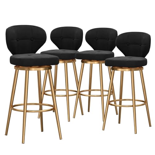 4er Set Drehhocker Thekenhocker mit Rückenlehnen Stilvoller gepolsterter Barstuhl mit goldfarbenen Metallbeinen & Fußstützen für Küche & Esszimmer 75cm Sitzhöhe Schwarz von Generisch