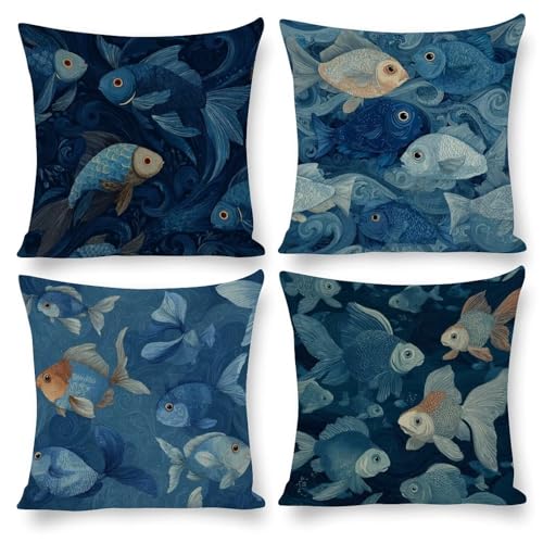 4er Set Leinen Kissenbezüge 70x70 cm blauer Fisch Design mit Reißverschluss, Maschinenwaschbar & Knitterarm Weich Atmungsaktiv - Sofakissen Bettkissen Wohnkissen für Wohnzimmer Schlafzimmer Deko Q4802 4er Set Leinen Kissenbezüge 70x70 cm blauer Fisch Design mit Reißverschluss, Maschinenwaschbar & Knitterarm Weich Atmungsaktiv - Sofakissen Bettkissen Wohnkissen für Wohnzimmer Schlafzimmer Deko Q4802 von Generisch