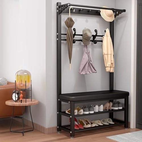 4in1 Eingangsbank mit Garderobe, Schuhaufbewahrung, 8 Haken und Ablage, vielseitiger Flurnizer, verstellbare Breite, 60100 cm, stilvolles schwarzes Design von Generisch