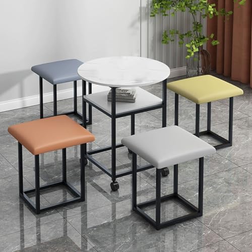 【5-in-1 Nesting Ottoman Set】 4 stapelbare Hocker & runder kleiner Teetisch mit Lenkrollen, vielseitiger Beistelltisch & Sitzwürfel, kompakte weiße Möbel für kleine Räume von Generisch
