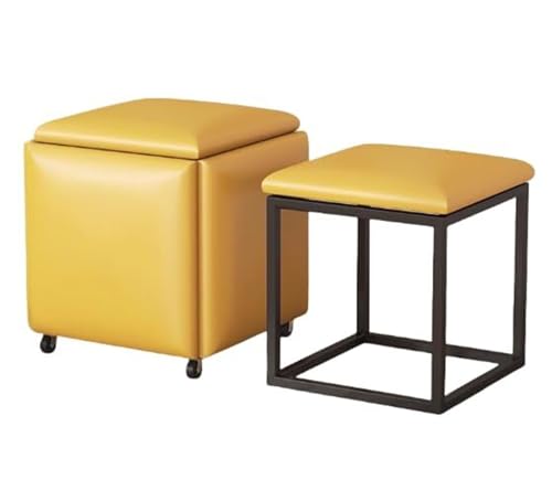 5 in 1 Nesting Stool Ottoman Set with Swivel Casters Stackable Leather Padded Dining Chairs and Movable Footstool for Living Room Side Table (Yellow Small) von Generisch
