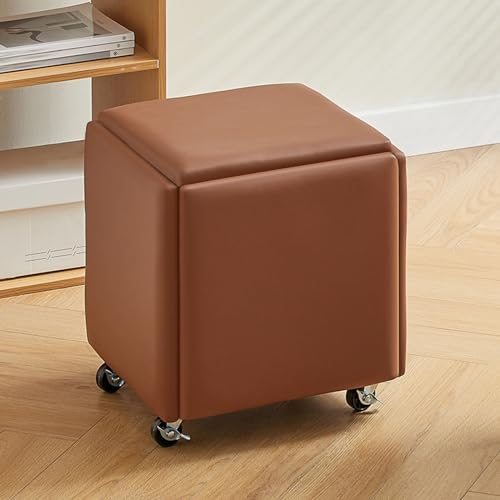 5-in-1 stapelbares PU-Leder-Ottoman-Würfel-Set mit drehbaren Rollen, brauner Farbe, beweglicher Fußhocker, Sofa, Stuhl, Ankleidestuhl, ideal für Wohnzimmer oder Schlafzimmer von Generisch