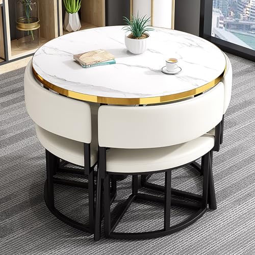 5-teiliges Esstisch-Set - 90 cm runder Tisch & 4 Kunstlederstühle - Platzsparende Küchenmöbel für Zuhause, Wohnung, Wohnzimmer & Kaffee 5-teiliges Esstisch-Set - 90 cm runder Tisch & 4 Kunstlederstühle - Platzsparende Küchenmöbel für Zuhause, Wohnung, Wohnzimmer & Kaffee von Generisch