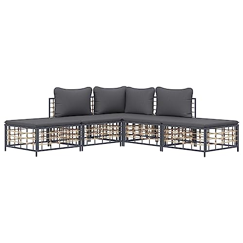 5-teiliges Outdoor Ecksofa Modular Sofa Set mit 3 Sitzen und 2 Fußstützen in Beige Stahl und Poly Rattan Gartenlounge Möbel Set Outdoor Lounge Sofa Outdoor Ecksofa von Generisch