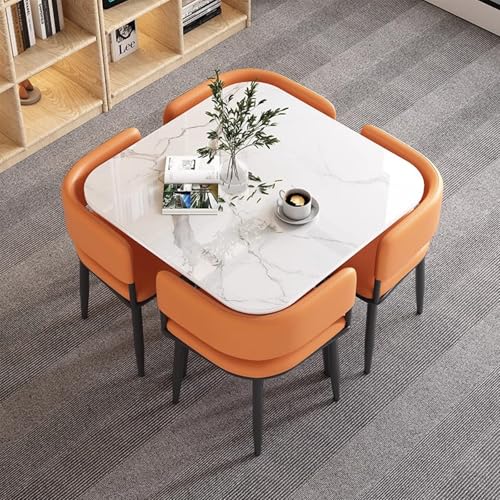 5-teiliges modernes Esszimmer-Set für 4 Personen – Stilvoller quadratischer Tisch aus Schiefer & 4 Stühle, perfektes Couchtisch-Set für kleine Räume – schickes orangefarbenes Design für moderne Häuser von Generisch