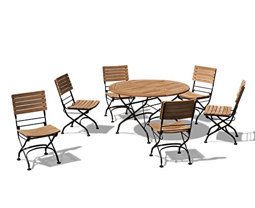 6-Sitzer Outdoor Essgruppe Premium Teak und Metall Runder Klapptisch mit 6 Stühlen Wetterbeständig Terrassenmöbel Einfache Montage von Generisch