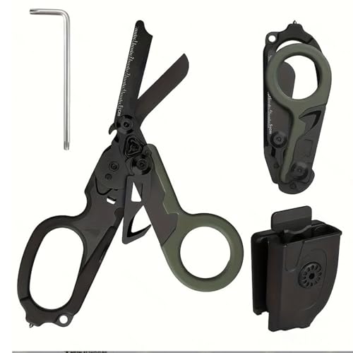 6 in 1 Multifunctional Trauma Shears Foldable,Trauma Shears, Outdoor Camping Rescue Medical, with Protective Cove, Heavy Duty Stainless Steel Emergency,Combination set (Army Green) von Generisch