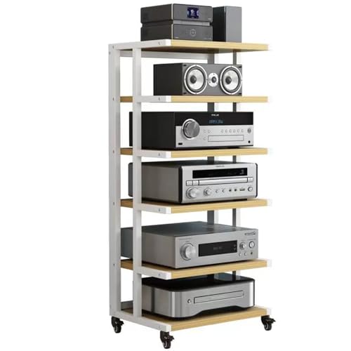 6-stöckiges AV-Regal Audioständer - Modernes Rack mit Bremsrädern, offenes Design Medienschrank für Audio/Video-Komponenten, stilvoller Eck-Stereo-Turm in Weiß & Walnuss 6-stöckiges AV-Regal Audioständer - Modernes Rack mit Bremsrädern, offenes Design Medienschrank für Audio/Video-Komponenten, stilvoller Eck-Stereo-Turm in Weiß & Walnuss von Generisch