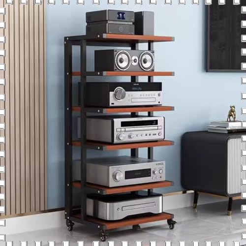 6-stöckiges AV-Regal mit Bremsrädern, Schwarz & Teak Stereo-Ständer für Audio-Komponenten, Eck-Medienschrank, verstellbarer offener Design-Turm 6-stöckiges AV-Regal mit Bremsrädern, Schwarz & Teak Stereo-Ständer für Audio-Komponenten, Eck-Medienschrank, verstellbarer offener Design-Turm von Generisch