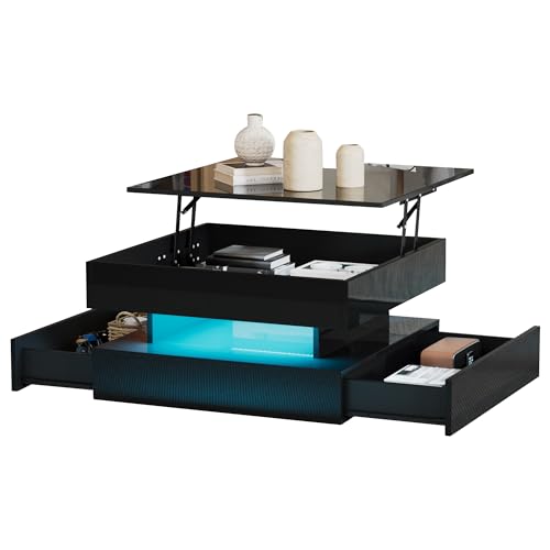 65 x 65 x 38.5 cm anhebbarer Wohnzimmertisch,Beistelltisch,Hochglanz-Couchtisch mit LED-Lichtleiste, Sofatisch mit 2 Schubladen, Kaffeetisch mit geometrischem Design und verstecktem Stauraum,Schwarz 65 x 65 x 38.5 cm anhebbarer Wohnzimmertisch,Beistelltisch,Hochglanz-Couchtisch mit LED-Lichtleiste, Sofatisch mit 2 Schubladen, Kaffeetisch mit geometrischem Design und verstecktem Stauraum,Schwarz von Generisch