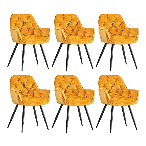 6er Set Esszimmerstühle Samt mit Armlehnen und Rückenlehne Polsterstuhl Wohnzimmerstuhl für Lounge Büro und Schminktisch Ergonomisches Design Gelb von Generisch