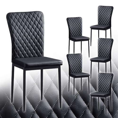 6er Set Skandinavische Esszimmerstühle PU-Leder Gepolsterter Metallrahmen mit Rückenlehne Moderne Wohnzimmer & Küche Sitzgelegenheit Stilvolle Schwarze Stühle für Esszimmer von Generisch