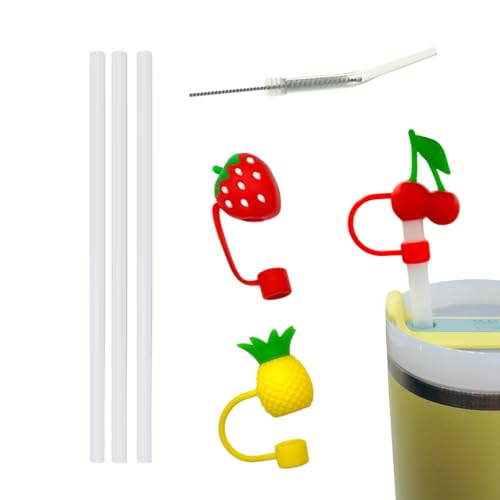 6er Set für Stanley Cup 3 transparente Strohhalme mit 3 Strohhalm Abdeckungen Erdbeere, Ananas, Kirsche+1Bürste, wiederverwendbar, Zubehör, Früchte, Staubabdeckung, Abdeckkappe von Generisch