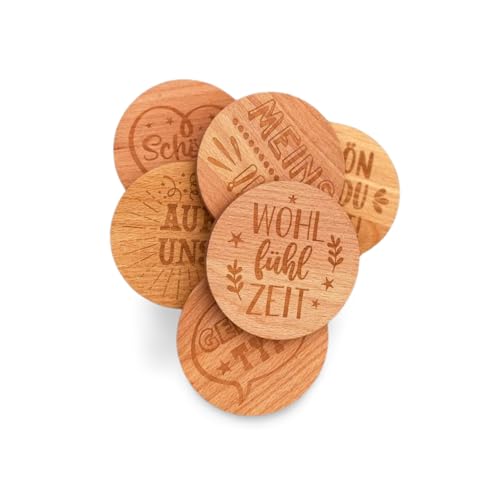 Generisch 6er set Trink Glas Deckel Holz mit Sprüchen, Untersetzer, Abdeckung, Insektenschutz, B:10cm H:1,5cm von Generisch