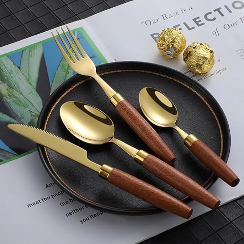 72-teiliges Besteckset Aus Holz, 18/8 Edelstahlgeschirr, Hochglanzpoliertes Geschirr, Geschirrset Für Mehrere Szenen, Hochwertiges Geschenkgeschirr (Gold 24pcs Set for 6) von Generisch