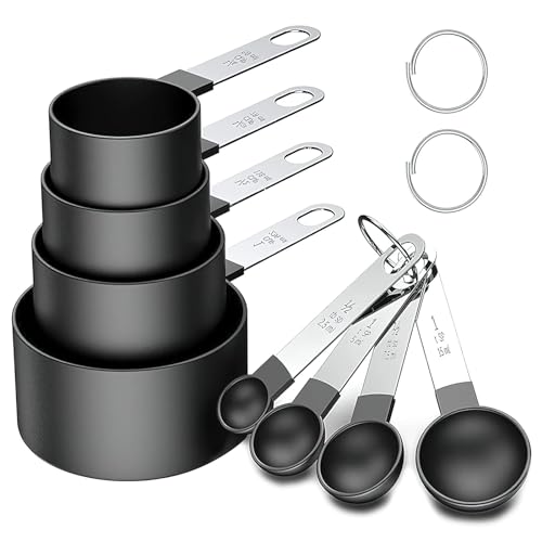 8 Stück Messlöffel Set, Cup Messbecher Set Edelstahl für Messen Flüssigkeiten und Feststoffe mit 4 Measuring Cups und spoons, Messwerkzeug von Küchen, Dosierlöffel Küchengeräte (Schwarz) von Generisch