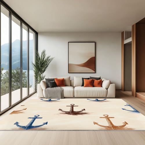 80 x 150 cm Teppich Wohnzimmer Waschbarer, Handgezeichnet Vintage Nautisch Kurzflor-Teppich – Weich Rutschfestes Design für Schlafzimmer Esszimmer Küchen, Creme von Generisch