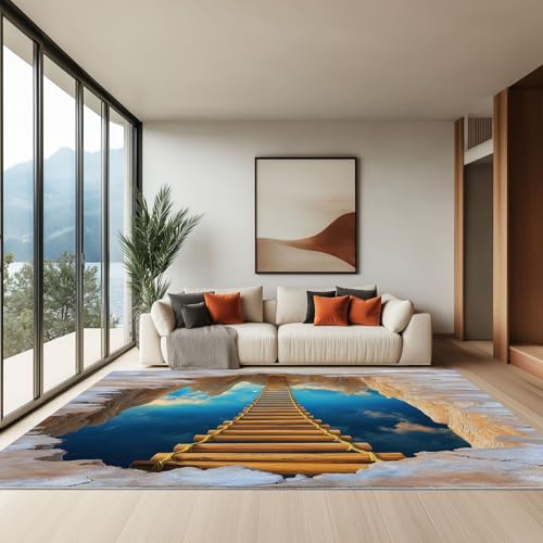 80 x 150 cm Teppich Wohnzimmer Waschbarer, Traum Himmel Hängebrücke Kurzflor-Teppich – Weich Rutschfestes Design für Schlafzimmer Esszimmer Küchen, Creme von Generisch