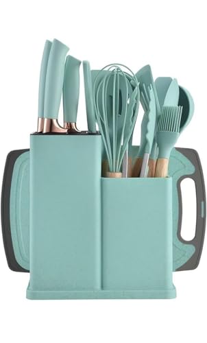 ASIAD Küchenmesser Set 19 Teiliges Küchenutensilien Set Silikon Küchenhelfer Set mit 12 Kochutensilien,5 Messern,Schneidebrett und Halter,Spülmaschinengeeignet,Grün von Generisch