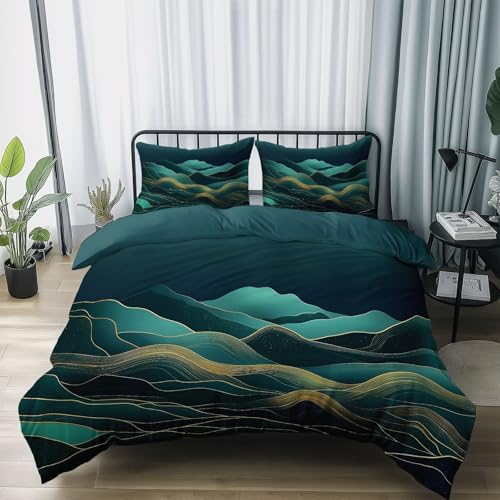 Abstrakt Linien Berge Bettbezug 155 x 200 cm Bedruckte Microfaser Wendebettbezug Dunkelgrün Weiche Mädchen Winter Bettwäsche mit Reißverschluss Für Schlafzimmerdekoration von Generisch