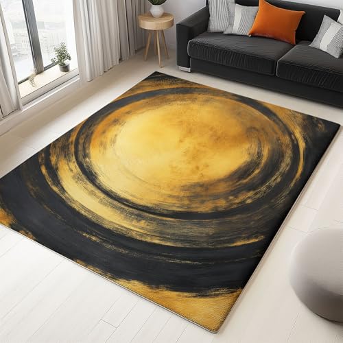 Abstrakte Geometrische Kreisformen Flächen Teppich Wohnzimmer 140 x 200 cm, Waschbarer Kurzflor Teppich mit Rutschfester Unterseite, Pflegeleicht für Schlafzimmer Esszimmer, Gold von Generisch